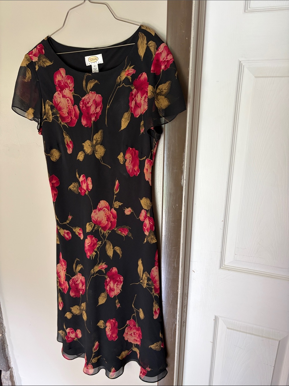 Talbots Black Floral Short-Sleeve Shift Dress with Pink and Gold Floral Print